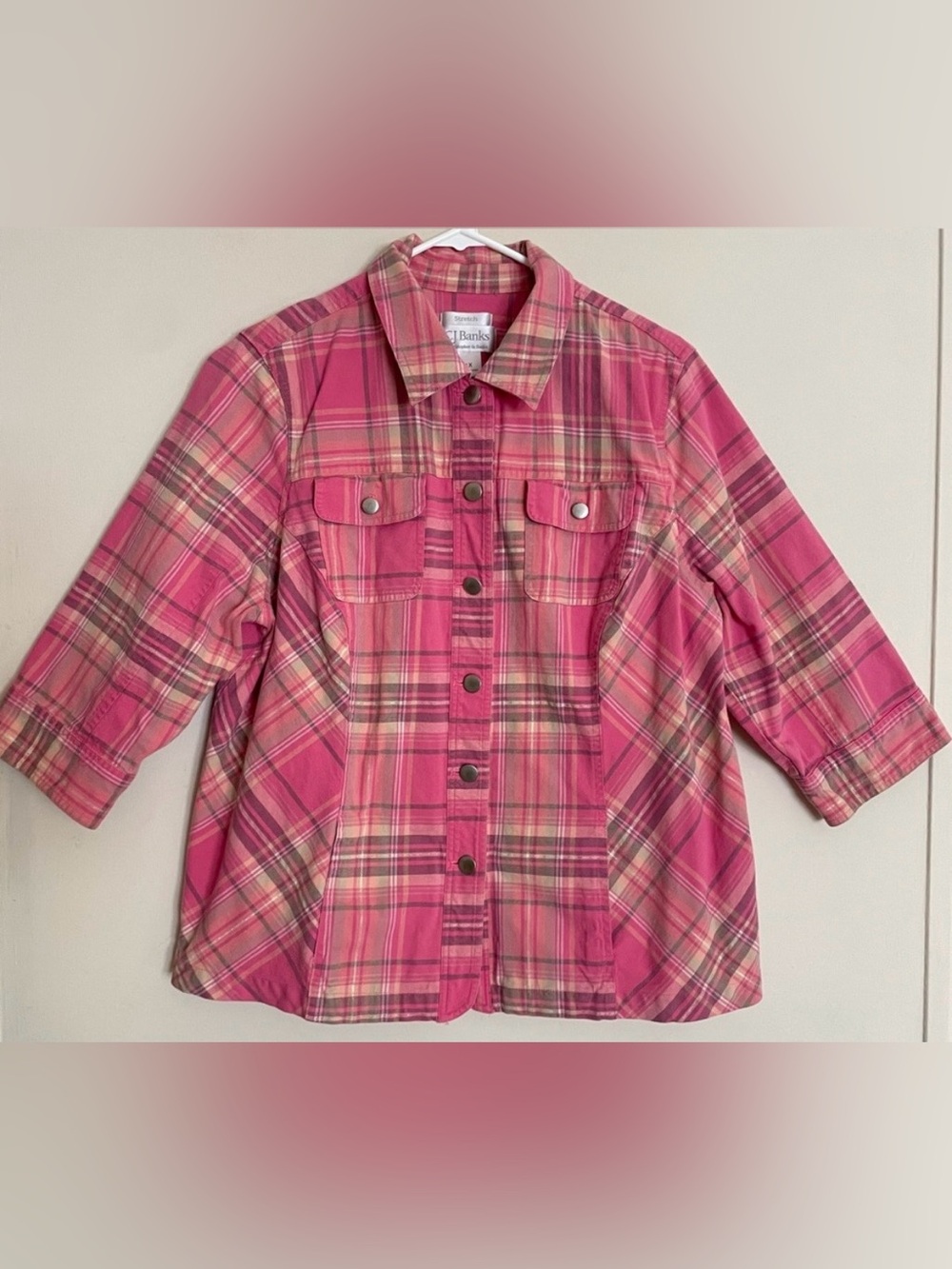 CJ Banks Pink Plaid Stretch Button Down Jacket